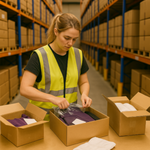 Gestreste magazijnmedewerker in een rommelig kittingproces, omringd door dozen en onderdelen die niet lijken te kloppen – illustratie van chaos door gebrek aan structuur in magazijnbeheer.