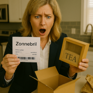 Verbaasde klant met verkeerde levering – ontvangt theedoos in plaats van bestelde zonnebril; illustratief voor orderpickfouten en het belang van foutloze verzending in e-commerce logistiek.